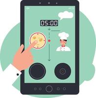 Cooking timer interface with chef character and pizza icon in flat design digital tablet illustration vector