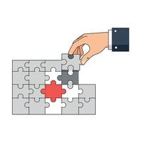 Hand Placing Puzzle Piece Completing Red Center in Gray Jigsaw Puzzle Illustration vector