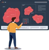 Man analyzing digital map data with red topographic shapes in flat design illustration vector