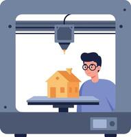 3D printer creating house model with man observing innovative technology process vector