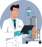 Male scientist in white lab coat checking pH level on digital tablet in laboratory flat illustration vector