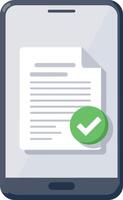 Smartphone displaying document with checkmark icon in flat minimal style illustration vector