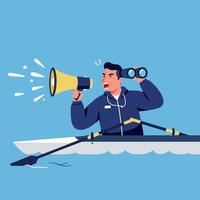 Man shouting through megaphone while rowing boat and holding binoculars illustration vector