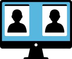 Computer monitor displaying two black silhouette profiles in flat blue and black minimal illustration vector