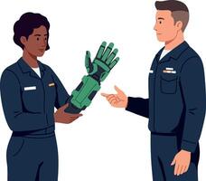 Two engineers examining green robotic hand technology flat design illustration vector