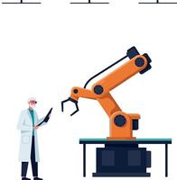 Scientist in white lab coat controlling large orange robotic arm with digital tablet minimal flat art vector