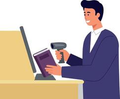 Young man scanning book at counter using barcode scanner in flat design illustration vector