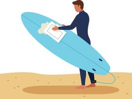 Man in wetsuit waxing blue surfboard on sandy beach for surfing activity illustration vector