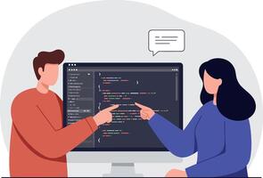 Two programmers discussing code on desktop computer screen flat style illustration vector