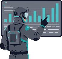 Futuristic man in helmet analyzing digital data charts in minimal flat style illustration vector