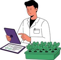 Male scientist in white coat analyzing plant growth using digital tablet with green seedlings in flat minimal illustration vector