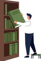 Man organizing green books on wooden bookshelf in minimalist style illustration vector