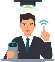 Businessman using smart home technology with digital voice assistant and ceiling light flat illustration vector