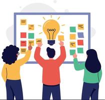 Three diverse people collaborating on idea development with colorful sticky notes on whiteboard flat style illustration vector