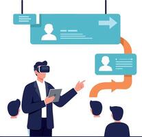 Businessman wearing virtual reality headset presenting digital interface with user profiles in flat design illustration vector