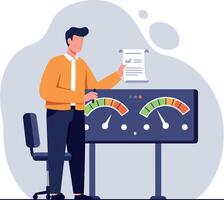 Businessman analyzing performance charts with colorful gauges in modern flat design illustration vector