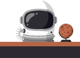 Space helmet and red planet model on wooden desk flat minimal art vector