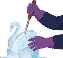 Ice sculpture swan carving with gloved hands and chisel in cold environment illustration vector