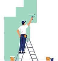 Painter using roller on wall wearing cap and tool belt in illustration vector