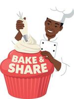Chef decorating large red cupcake with white frosting bake and share message illustration vector