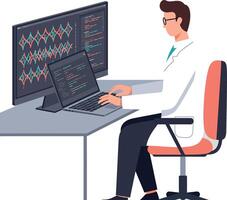 Male scientist analyzing genetic data on large screen and laptop in modern lab flat design illustration vector