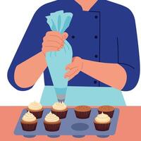 Chef decorating chocolate cupcakes with white frosting using piping bag in kitchen illustration vector