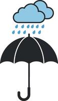 Black umbrella under two blue clouds with falling raindrops minimal flat illustration vector