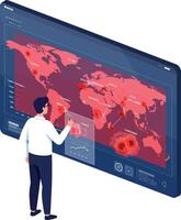 Man analyzing global data on interactive red world map in flat design illustration vector