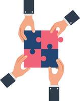 Hands assembling red and blue puzzle pieces teamwork collaboration flat design illustration vector