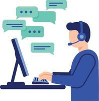 Customer support representative typing on keyboard with headset and chat bubbles illustration vector