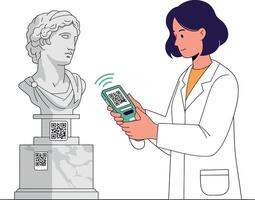Female scientist scanning QR codes on classical marble bust with handheld device in minimal flat illustration vector