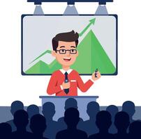 Businessman giving presentation with rising graph on screen in flat design illustration vector