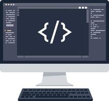 Desktop computer with coding screen showing brackets symbols in minimal flat design illustration vector