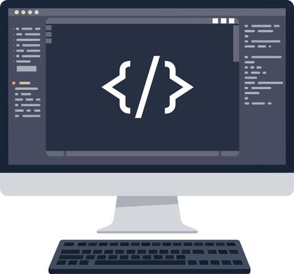 Desktop computer with coding screen showing brackets symbols in minimal flat design illustration