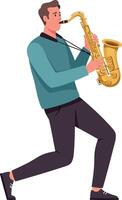 Man playing saxophone in dynamic pose with teal sweater and black pants illustration vector