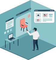 Man interacting with virtual shopping interface for chair selection in minimal isometric flat art vector