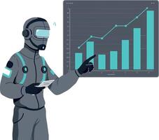 Futuristic businessman in high-tech suit presenting rising bar chart in flat digital design illustration vector