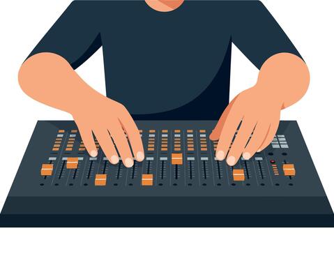 Person Operating Audio Mixer Console with Hands Adjusting Sound Levels Illustration