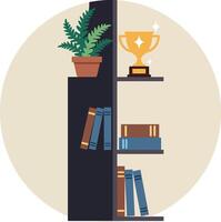 Modern bookshelf with potted plant, trophy, and colorful books in flat minimal illustration vector