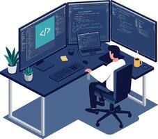 Software developer working at desk with three monitors and laptop in modern flat illustration vector