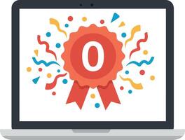 Laptop computer with red award ribbon zero number and colorful confetti flat design illustration vector