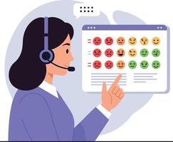 Female customer service representative with headset pointing at colorful emoticon feedback chart flat digital illustration vector