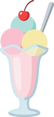 Three scoop pastel ice cream sundae with cherry on top in glass cup flat style illustration