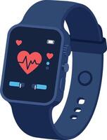 Dark blue smartwatch with heart rate monitor and icons in flat design style illustration vector