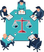 Group of business professionals discussing legal matters around table with justice scale flat illustration vector