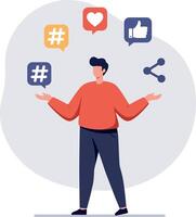 Man using social media icons with hashtag, like, share, and heart symbols illustration vector