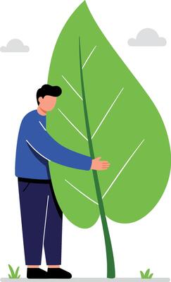 Man embracing large green leaf symbolizing nature care and environmental protection illustration