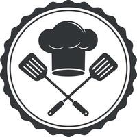 Chef hat and crossed spatulas emblem in simple black and white flat design art vector