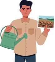 Man Holding Dry Land Photo and Green Watering Can Illustrating Environmental Concern and Drought Impact vector