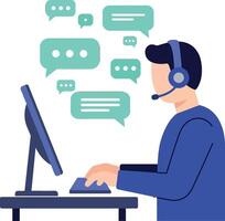 Customer support agent with headset working on computer answering chat messages illustration vector